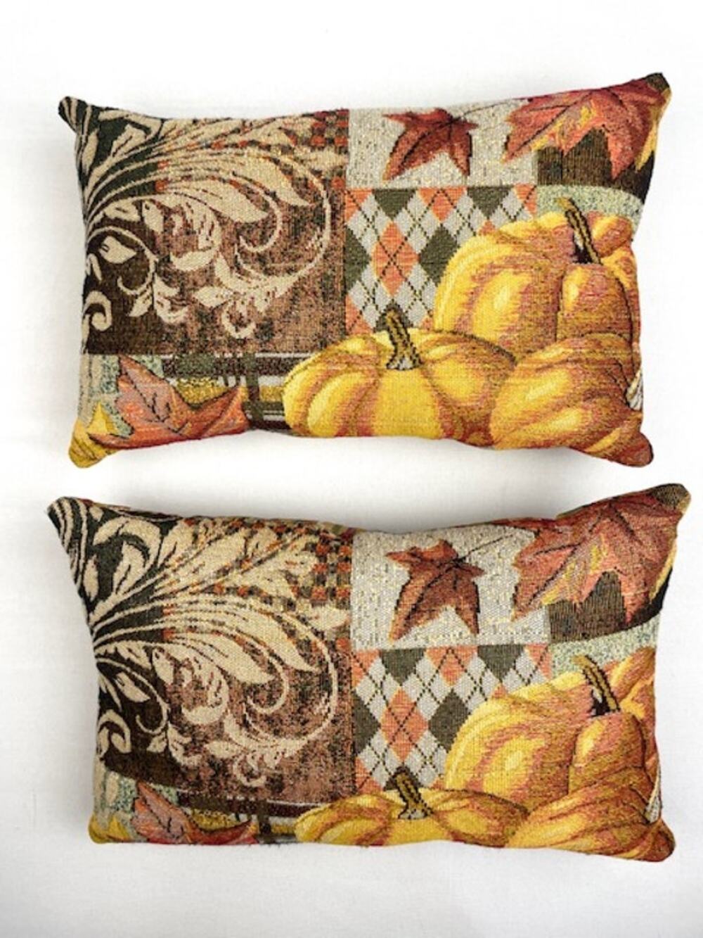 Handmade Tapestry Pumpkin Fall Pillows Pair 18" Autumn Harvest Decor